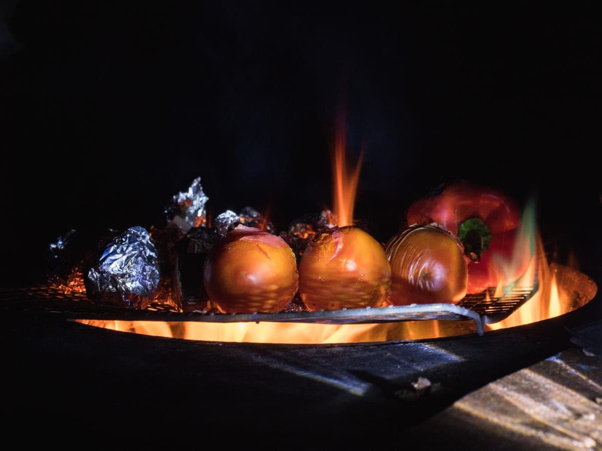A steel cooking grate over an open wood fire