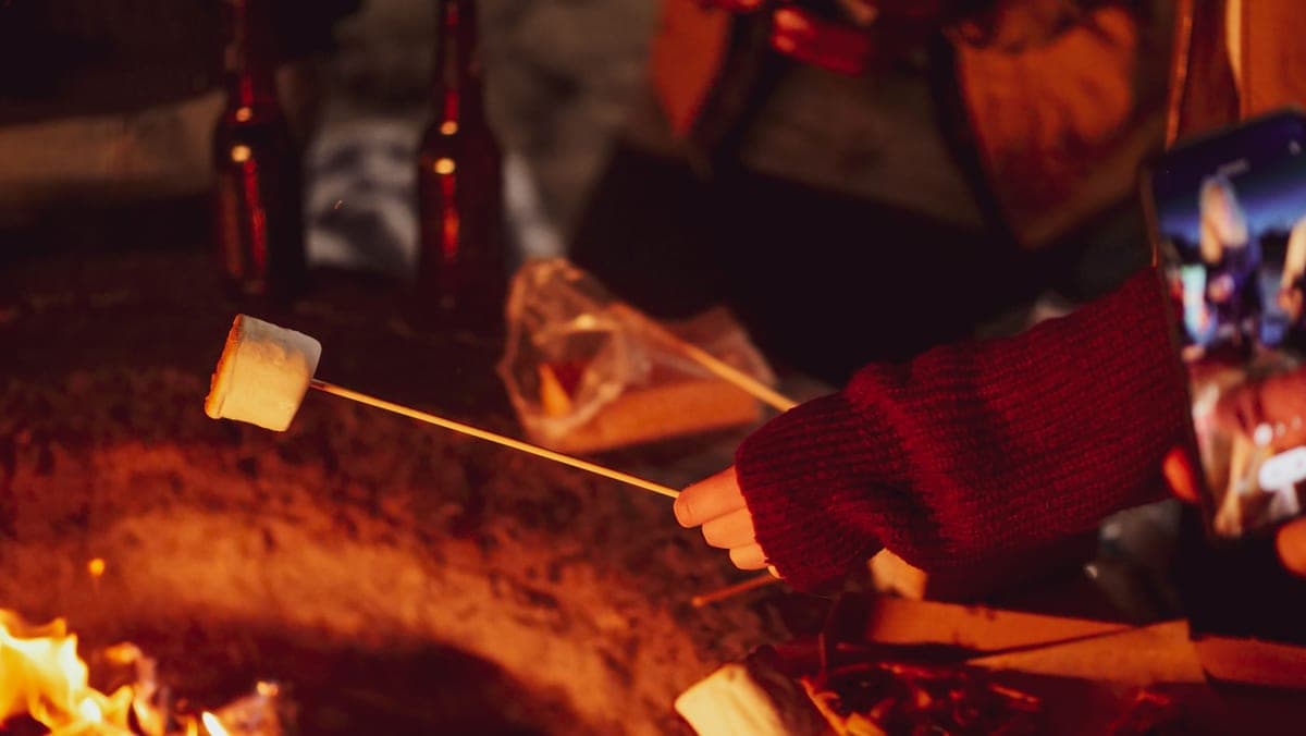 A hand holding a toasted marshmallow on a long thin skewer beside a fire