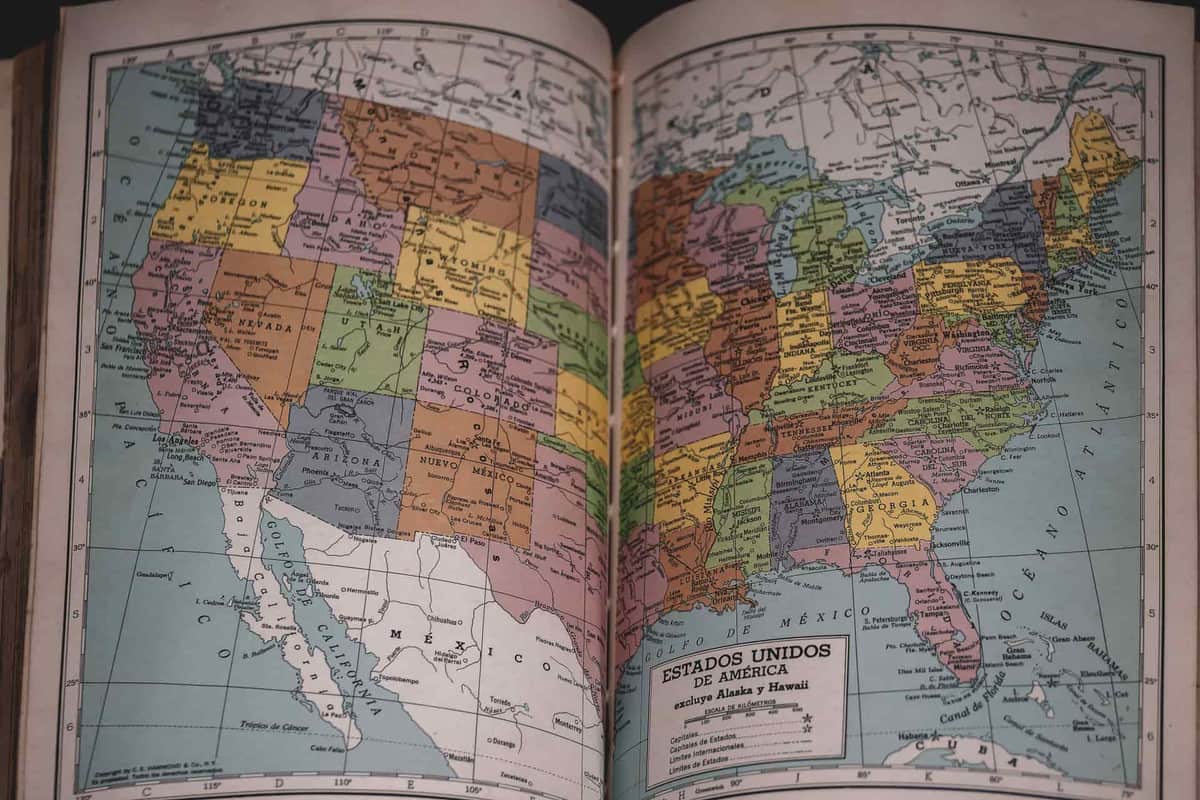 A map of the United States in a book