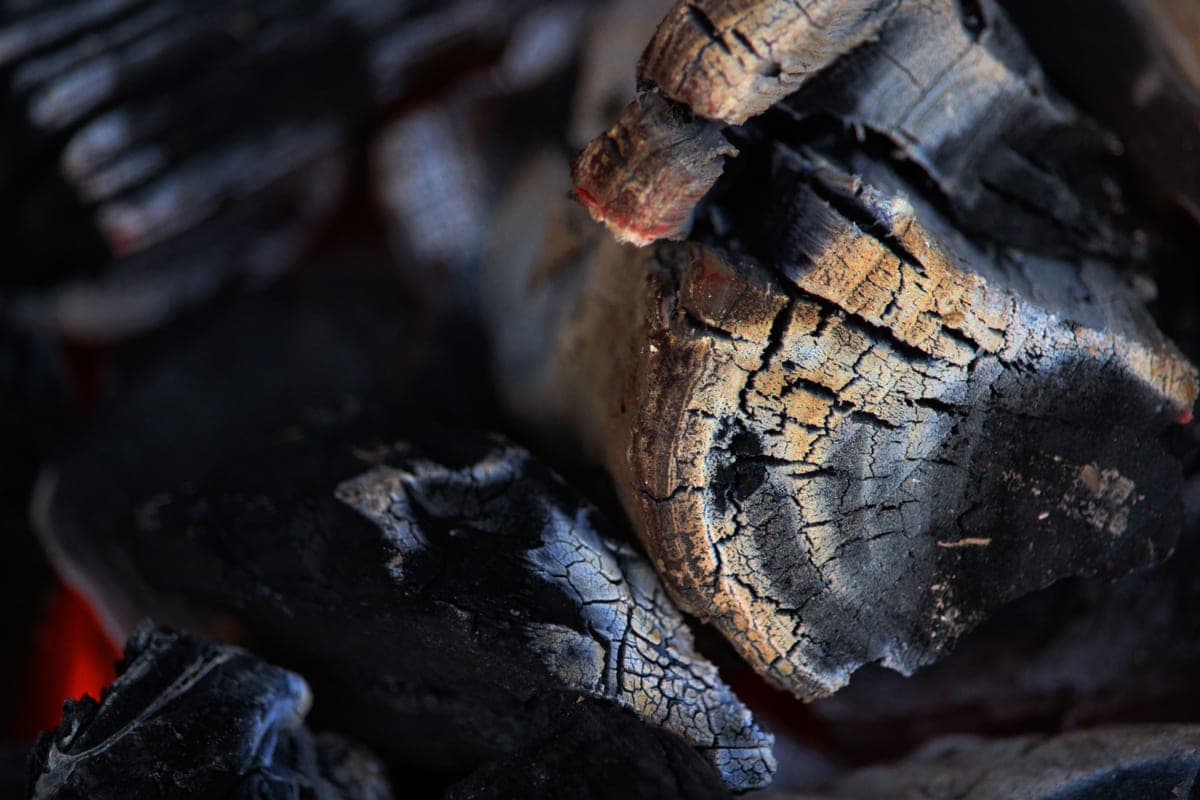 Charred logs with embers glowing faintly beneath them